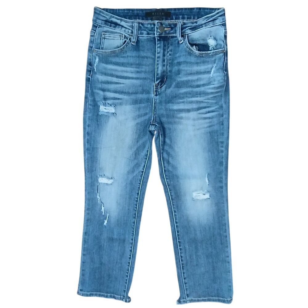 Risen Women 29 Medium Wash Distressed Vintage Straight Leg Denim Cropped Jeans
